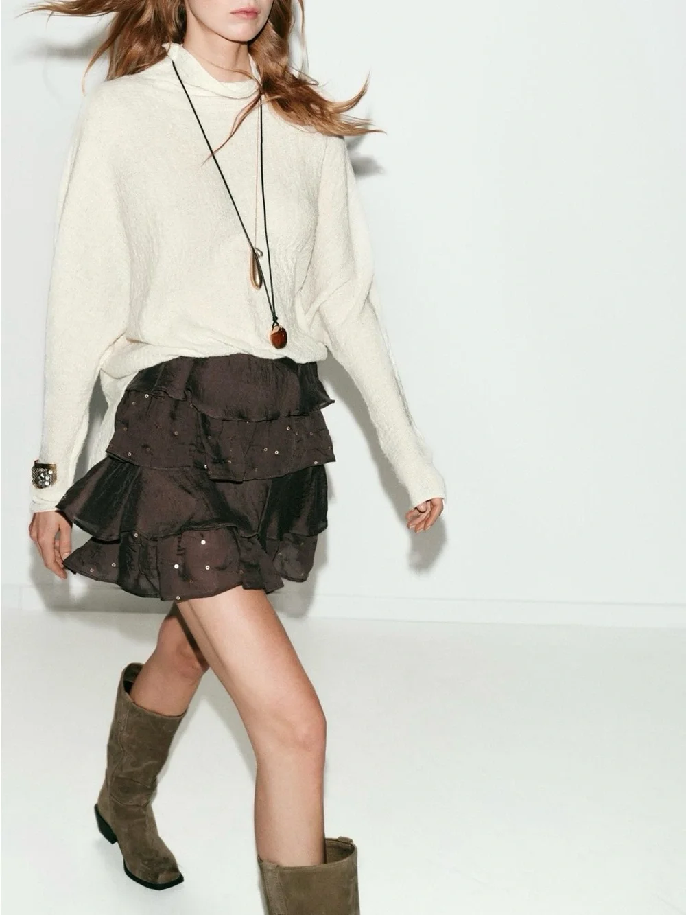 BNWT Zara Brown Ruffle Sequin Mini Skirt